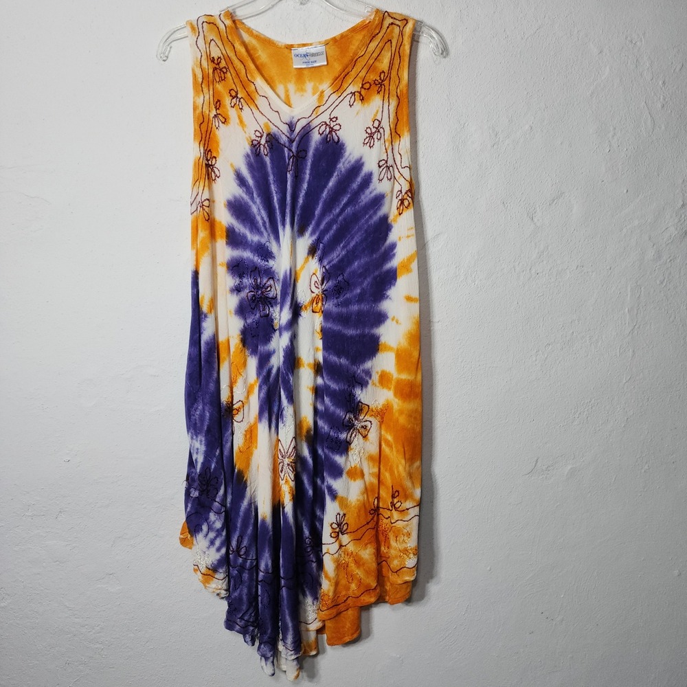Ocean Breeze Tie Dye Dress Free Size Rayon Boho Embroidered Handkerchief Hem